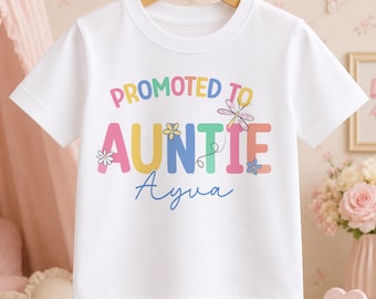 Promoted To Auntie T-Shirt: Pastel Graphic Design - Personalised Cotton, Unisex Kids Wear, Baby Announcement Gift