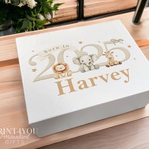 Baby Box Personalised Gift - Medium Magnetic Keepsake Box - Custom Name Print, White Finish, First Year Memories