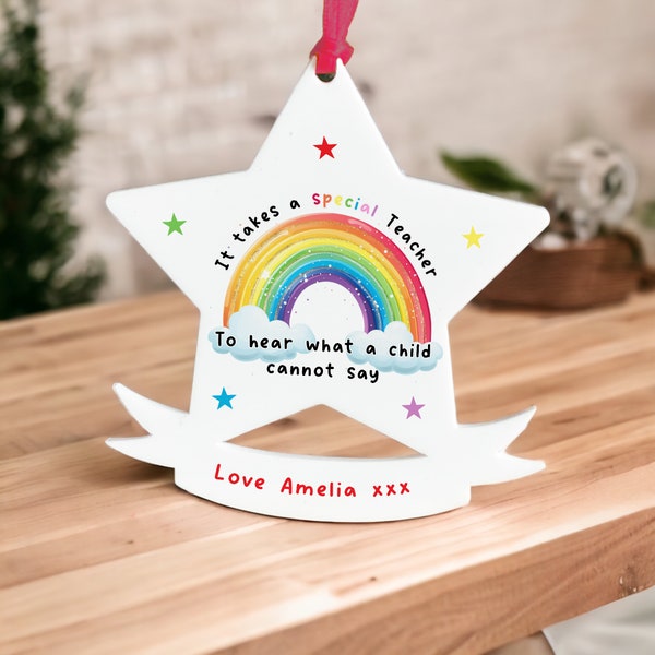 Personalised It takes a special teacher to hear what a child cannot say Banner star white acrylic