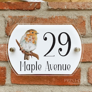 Personalised Acrylic External Door Number Plates Plaques Floral Robin