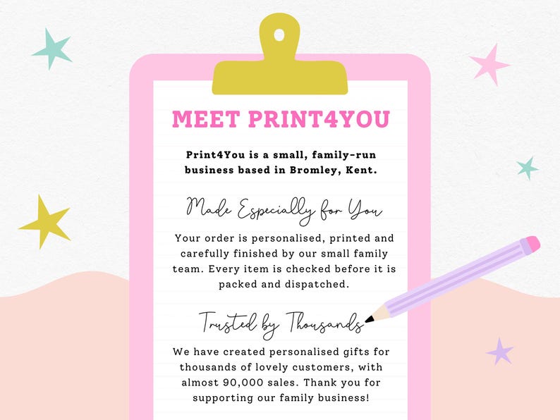 The image is a promotional poster for a small family-run business called Print4You, based in Bromley, Kent. The poster features a pink clipboard with text and a pencil, along with colorful stars in the background.