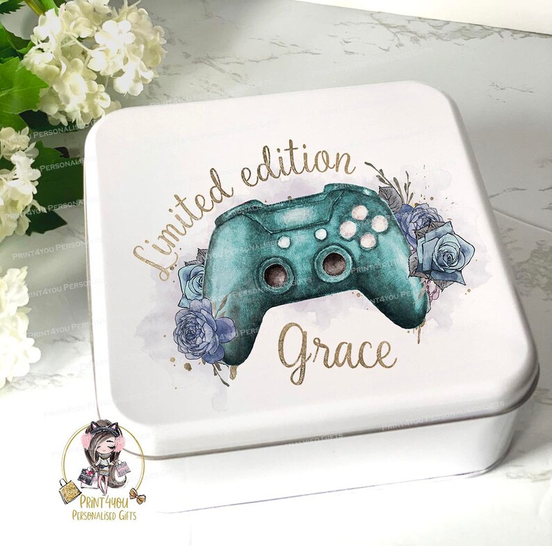 Gamer Girl green turquoise  controller gaming personalised white biscuit sweets tin