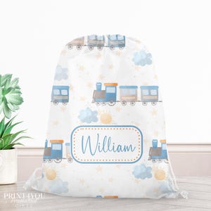 Sac à cordon personnalisé, design Train | Sac pour trousse en PE | Sac de sport pour enfants résistant à l'eau | Sac personnalisé pour l'école, la natation, la danse ou les jouets