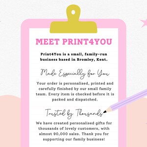 The image is a promotional poster for a small family-run business called Print4You, based in Bromley, Kent. The poster features a pink clipboard with text and a pencil, along with colorful stars in the background.