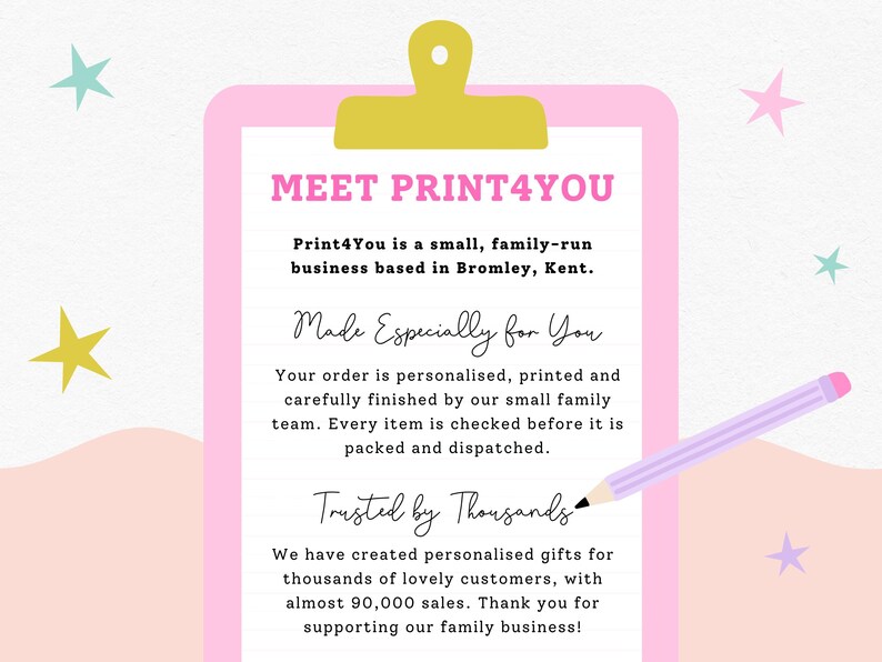 The image is a promotional poster for a small family-run business called Print4You, based in Bromley, Kent. The poster features a pink clipboard with text and a pencil, along with colorful stars in the background.