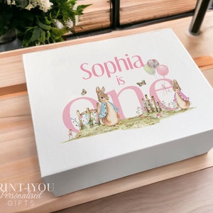 Personalised Baby's First Keepsake Box: White Sturdy Card with Magnetic Closure - Pink Rabbit I am ONE