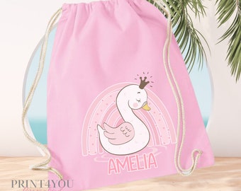 Personalised Pink School Bag, Princess Swan and Rainbow, PE / Gym / Swim Bag, Back to School kids drawstring bag, 100% Cotton