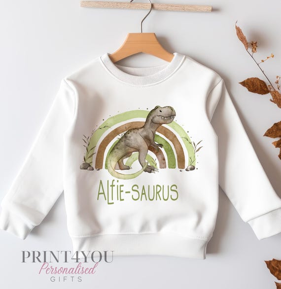 Personalised Sweatshirt Jumper for Children. White Cotton Sweatshirt Dinosaur Rainbow and Name Etsy