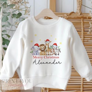 Personalised Christmas Jumper For Children.  White Cotton Sweatshirt - Safari animals with Santa hats on