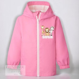 Personalised Children's Shower Rain Jacket, Pink Light Rain Coat - Safari animals and Name