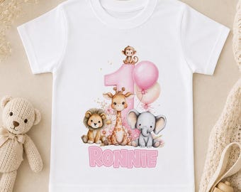 Personalised 1st Birthday Outfit Girl, Safari Jungle Animal Baby Vest with Name, Pink Number 1 Sleepsuit, T-Shirt or Bib