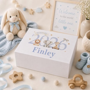 Blue Safari Animals, Magnetic Closure Box - White Smooth Finish | Custom Name | Small Medium Large