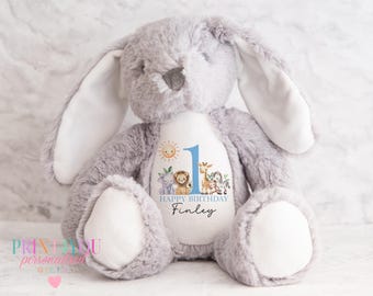 Personalised First Birthday Bunny, Soft Toy Rabbit, Safari Gift Idea, 1st Birthday Gift Boy Teddy. Baby Girl Keepsake, Personalised Soft Toy