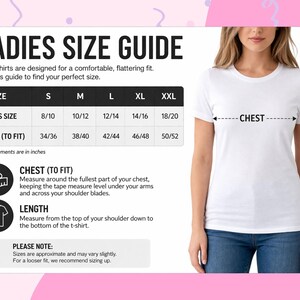 The image is a women's t-shirt size guide, showing measurements and sizes for different types of t-shirts.