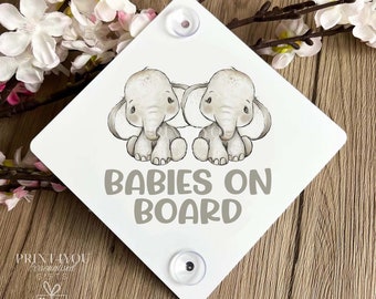 Baby Babies Twins on Board Aluminium Car Window Safety Sign | Polite Driver Notice | Kids Car Accessories |  Safari Elephants