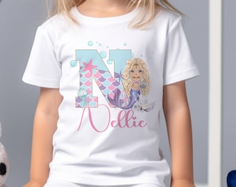 Personalised Mermaid Birthday T-Shirt - Cotton White Top, any Alphabet letter, Blonde Hair mermaid