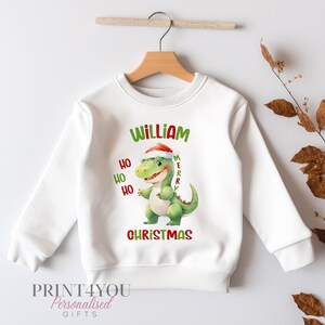 Personalised Christmas Jumper For Children.  White Cotton Sweatshirt - Dinosaur T-rex Ho Ho Ho