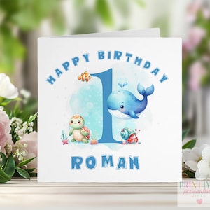 Carte de 1er anniversaire sous la mer personnalisée, carte de premier anniversaire, carré blanc 6 x 6 po., carte pour enfants, carte de voeux pour fils, frère