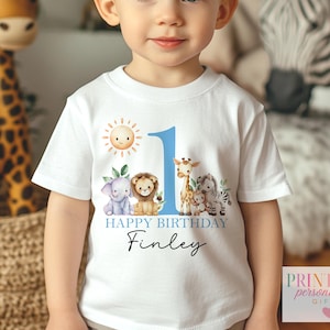 Personalised Safari First Birthday T-shirt, Sleepsuit, Vest or Bib, Blue Text