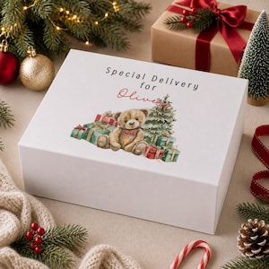 Teddy Bear Christmas Eve Box, Personalised Initial and Name Keepsake Box, Neutral Kids Christmas Memory Box, Magnetic Lid, 2 Sizes