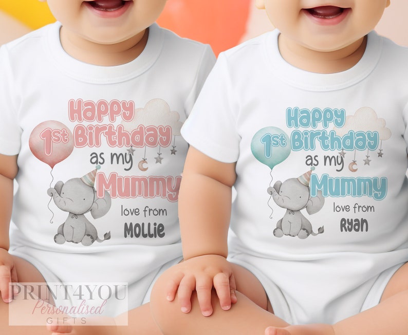 Happy Birthday Mummy, 1st Birthday as My Mummy, Sleepsuit Baby grow Bodysuit Vest, Mum Birthday, Mummy Birthday, Cute Elephant Design image 5