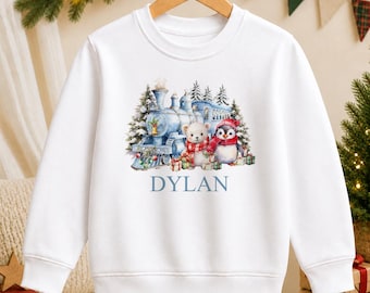 Personalised Winter Christmas Train Jumper for Kids, Name Sweatshirt or T-Shirt, Baby Toddler Christmas Top, Xmas Jumper Day Outfit