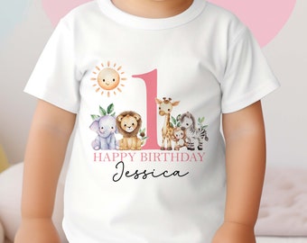 Personalised Safari First Birthday T-shirt, Sleepsuit, Vest or Long Sleeve T-shirt, Pink Text