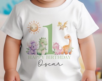 Personalised First Birthday One T-shirt, Sleepsuit and vest, Green Dinosaur First Birthday Outfit.