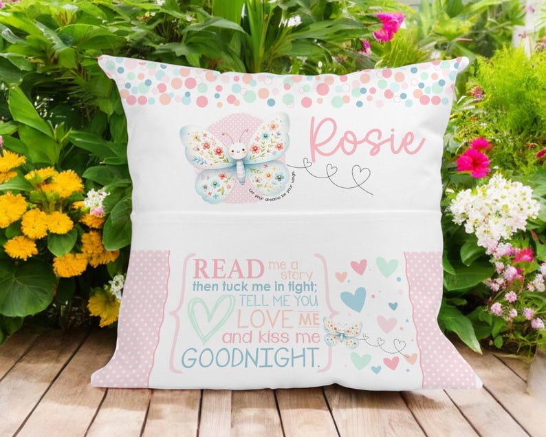 Personalised Butterfly Book Cushion: Children's Velvet Bedtime Story Pillow image 1