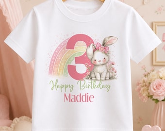 Personalised Bunny Birthday T Shirt, Rainbow Girls Age Top, Any Name & Number