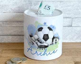 Personalised Ceramic White Money Box Coin Bank - Boys Blue Football