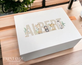Personalised Safari Animal Keepsake Box: Jungle Design - Neutral Colors, Baby Memory Storage, Magnetic Closure