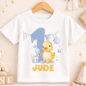 First Birthday Duck T-shirt - Personalised Baby Clothing - Yellow Duck Graphic, Soft Cotton, Durable Print, Multiple Sizes