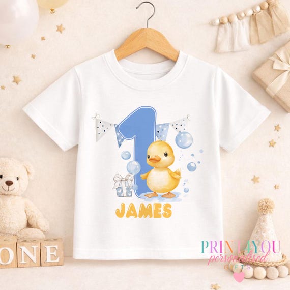 Personalised First Birthday Duck T-shirt: Blue Bubbles Outfit