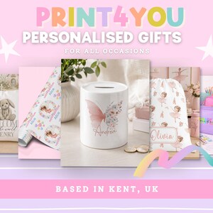 The image is a collage of five different images, each featuring a personalized gift item, such as a mug, bag, or pillow, with a personalized name printed on it. The text above the collage reads "PRINT4YOU PERSONALISED GIFTS FOR ALL OCCASIONS", and the text at the bottom of the image says "BASED IN KENT, UK".