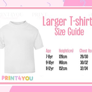 The image is a size guide for larger t-shirts, providing measurements for different age groups.