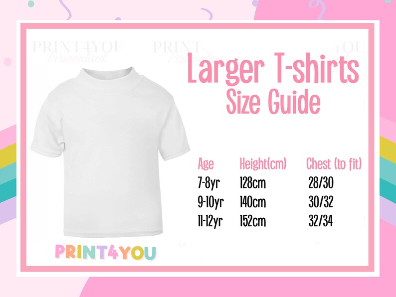 The image is a size guide for larger t-shirts, providing measurements for different age groups.