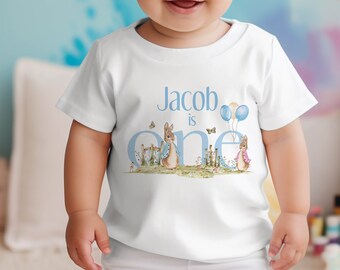 Personalised First Birthday One T-shirt, Sleepsuit and vest, Blue Rabbit First Birthday Outfit.