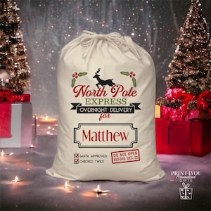 Personalised Santa Sack, Christmas sack, Xmas Eve Box - North Pole Overnight Delivery