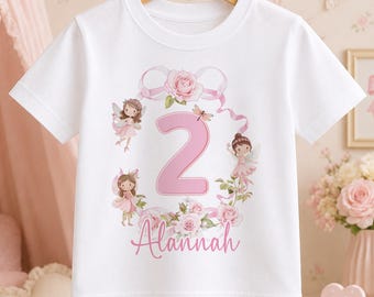 Personalised Fairy Birthday T-Shirt Girl, Pink Floral Wreath Name and Age Tee, Fairy Garden Party Outfit, Baby to Adult Sizes
