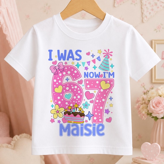 Personalised I Was 6 Now I’m 7 Birthday T-Shirt – 6 7 Trend T-shirt – Girls Pastel Party Design