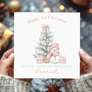 Personalised Baby&#39;s 1st Christmas Card, First Christmas Card for Daughter, Granddaughter, Granddaughter, Niece, Sister, Pink Snowman & Tree