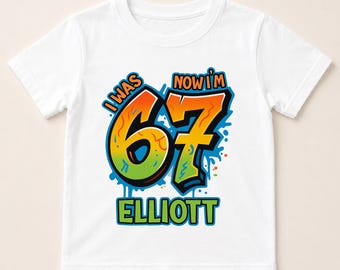 Ik was 6, nu ben ik 7 - Jongens verjaardag T-shirt, graffiti stijl, katoenen gepersonaliseerd T-shirt - 6 7 trend T-shirt