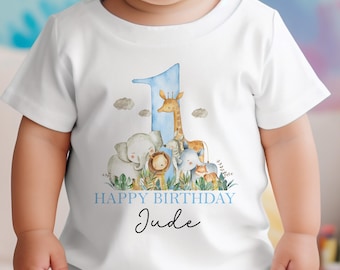 Personalised Birthday T-Shirt Set Blue Safari, Baby Clothes (Vest, Bib, Sleepsuit, 100% Cotton, Sizes 6m-3yrs)