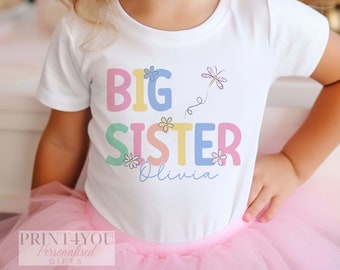 Promoted to Big Sister Heart Design White Personalised Cotton T-Shirt, Big Sister Top, Big Sister Gift, Pregnancy Announcement, Pastel Color