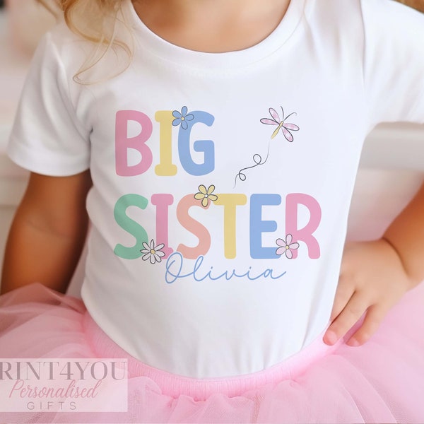 Promoted to Big Sister Heart Design White Personalised Cotton T-Shirt, Big Sister Top, Big Sister Gift, Pregnancy Announcement, Pastel Color