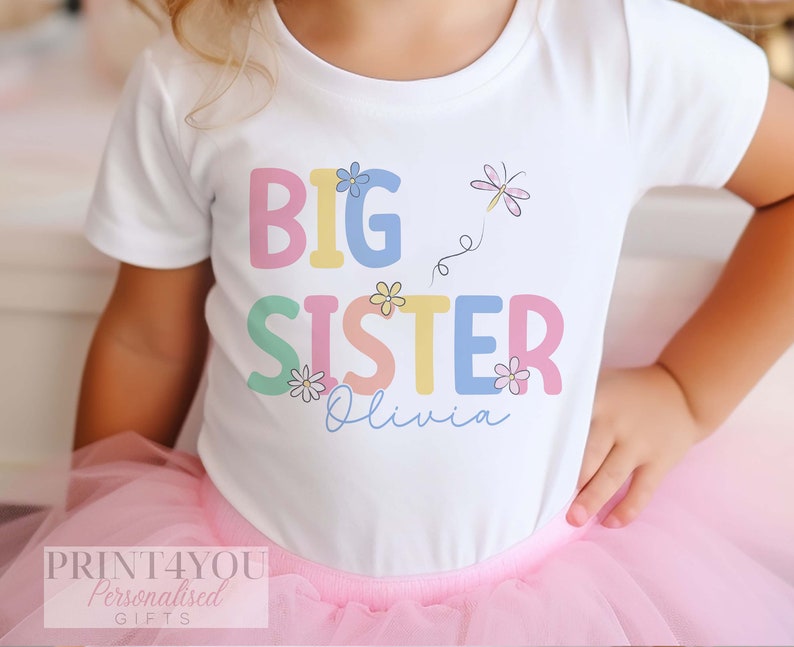 Promoted to Big Sister Heart Design White Personalised Cotton T-Shirt, Big Sister Top, Big Sister Gift, Pregnancy Announcement, Pastel Color image 1