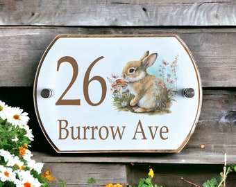 Personalised Acrylic External Door Number Plates Plaques Bunny Rabbit and Flowers