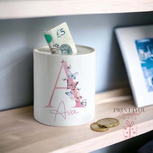 Personalised Ceramic White Money Box Coin Bank - Pink Butterfly Alphabet Initial