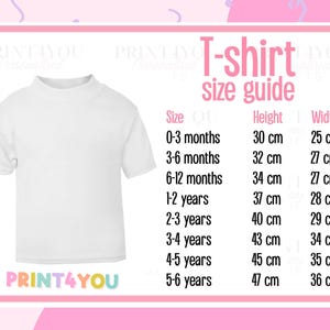 The image is a size guide for a white t-shirt, providing measurements for different age groups such as 0-3 months, 3-6 months, 6-12 months, 2-3 years, 2-4 years, 4-5 years, and 5-6 years.